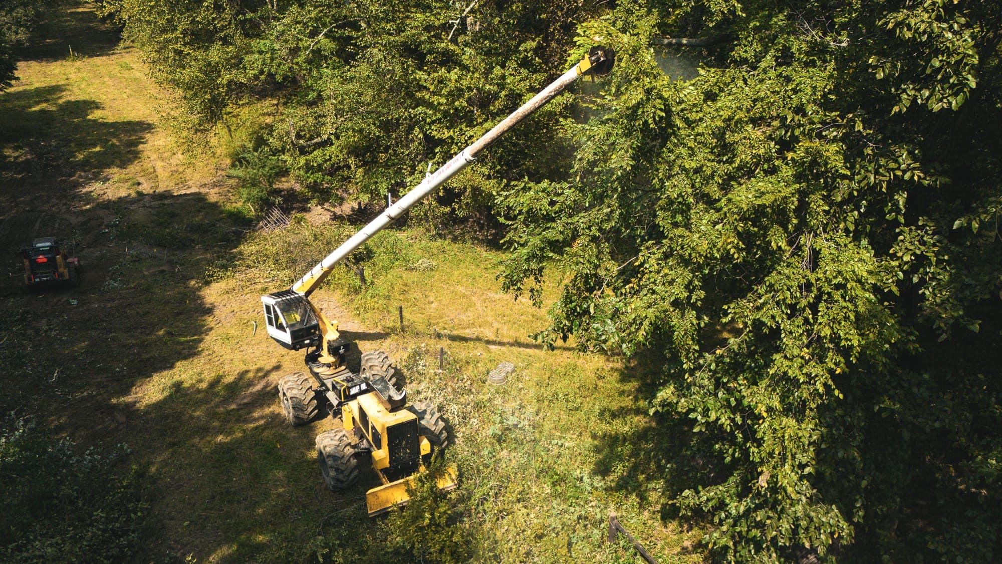 Aerial view of a mechanical side-trimming boom reaching into the tree line along the edge of a right of way.